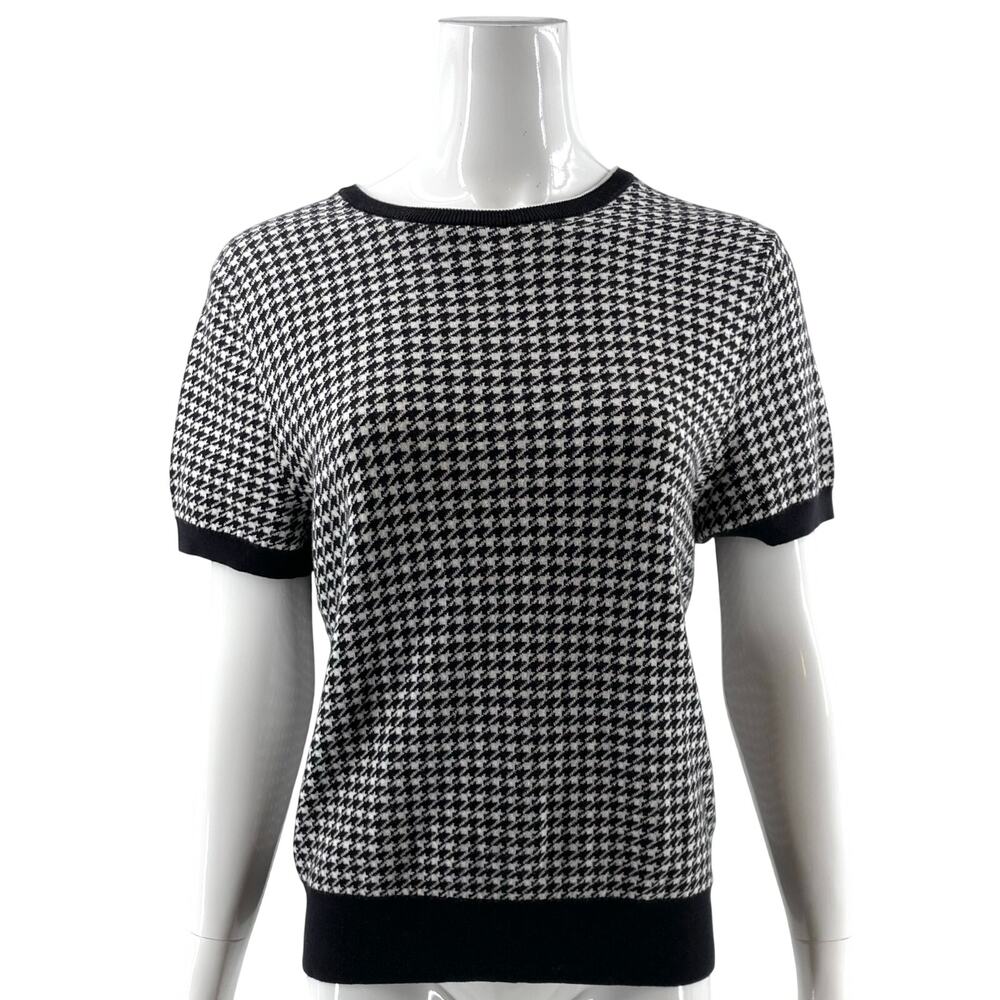 Lands End Womens Sweater Size Large Petite Black White Houndstooth Supima Cotton